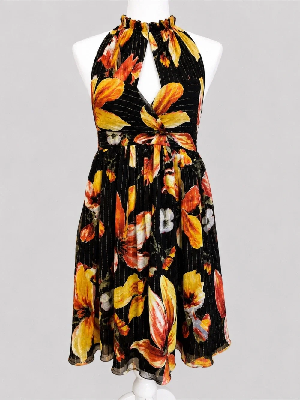 Anna Sui for Anthropologie Nagia Iris Silk Halter Dress Size 4 Floral Metallic